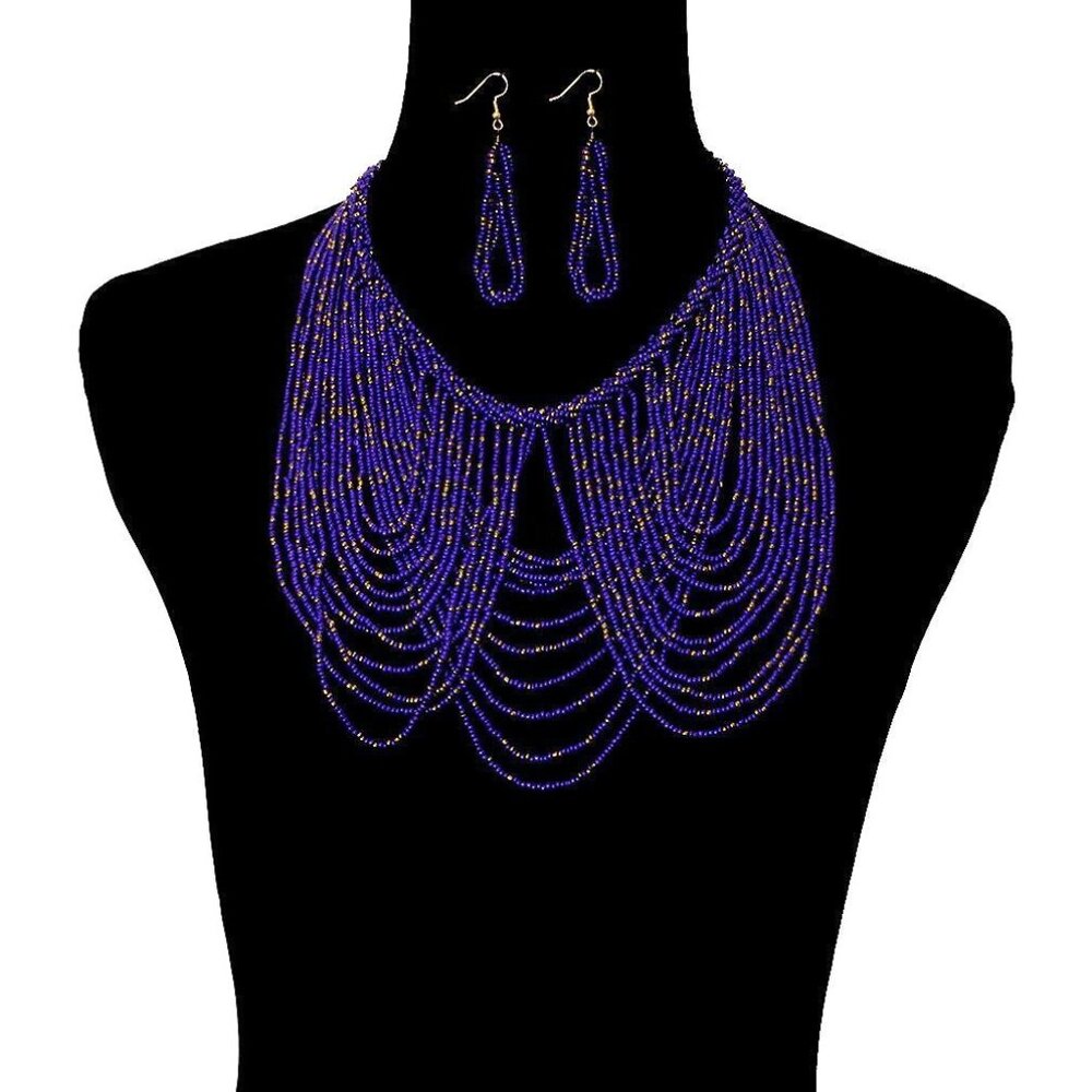 PURPLE Gold Multi Layer BOHO Bohemian Goddess Sexy Statement BIB Necklace Set
